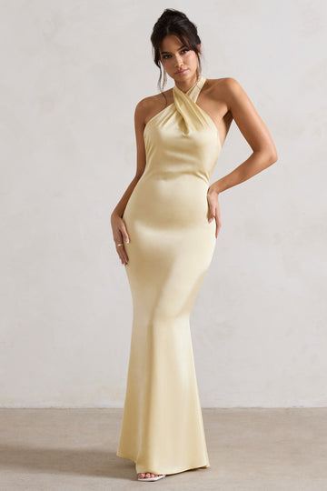 Unbeatable Lemon Satin Cross Over Halter-Neck Maxi Dress